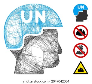 Vector wire frame united nations soldier helmet. Geometric hatched frame 2D net generated with united nations soldier helmet icon, designed from crossing lines. Some additional icons are added.