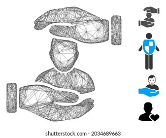 Vector wire frame user care hands. Geometric wire carcass 2D net generated with user care hands icon, designed with crossed lines. Some bonus icons are added.