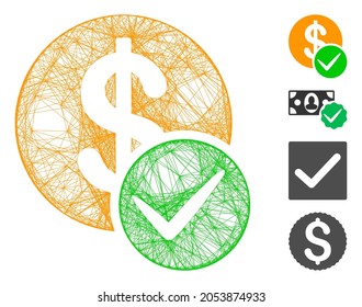 Vector wire frame valid dollar coin. Geometric hatched frame flat network generated with valid dollar coin icon, designed with crossing lines. Some additional icons are added.