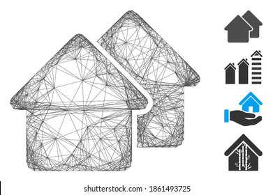 Vector wire frame village. Geometric hatched frame flat network made from village icon, designed from crossing lines. Some bonus icons are added.