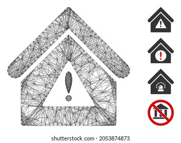 Vector wire frame warning building. Geometric wire frame 2D network made from warning building icon, designed from intersected lines. Some other icons are added.