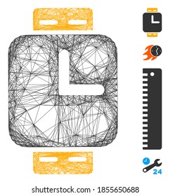 Relojes de marco de alambre de vectores. Red plana de marco con trama geométrica generada con icono de relojes, diseñada con líneas interseccionadas. Se añaden algunos iconos adicionales.