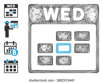 Marco de alambre de vectores rejilla del calendario del miércoles. Red 2D de marco geométrico de alambre generada con el icono de rejilla del calendario del miércoles, diseñada a partir de líneas cruzadas. Se añaden algunos iconos adicionales.