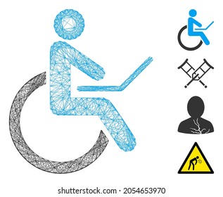 Vector wire frame wheelchair. Geometric wire frame 2D net made from wheelchair icon, designed from crossed lines. Some bonus icons are added.