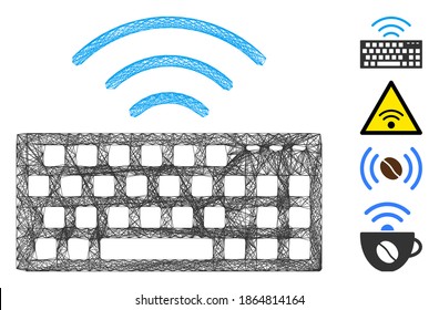 Vector wire frame wireless keyboard. Geometric hatched frame flat network generated with wireless keyboard icon, designed with crossed lines. Some bonus icons are added.