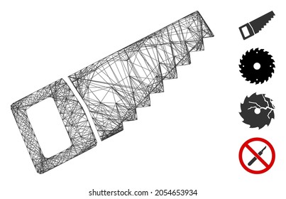 Vector wire frame wood saw. Geometric wire frame 2D net made from wood saw icon, designed with crossed lines. Some bonus icons are added.