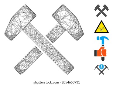 Vector wire frame work hammers. Geometric wire frame flat network made from work hammers icon, designed from intersected lines. Some bonus icons are added.