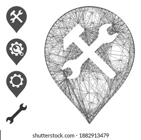 Vector wire frame workshop map marker. Geometric wire frame flat net generated with workshop map marker icon, designed from crossed lines. Some bonus icons are added.
