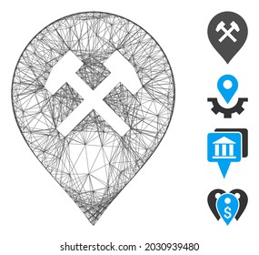 Vector wire frame workshop marker. Geometric wire carcass 2D net generated with workshop marker icon, designed with crossed lines. Some bonus icons are added.