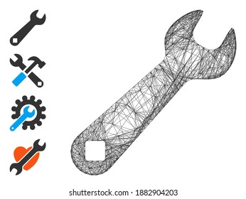 Vector wire frame wrench. Geometric hatched frame flat net made from wrench icon, designed from crossing lines. Some bonus icons are added.