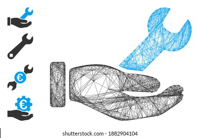 Vectordrahtrahmen-Schraubenschlüssel-Service Hand. Geometrisches, lineares Flachnetz, erzeugt mit dem Handsymbol der Diensthand, konstruiert mit Schnittlinien. Es werden einige Bonussymbole hinzugefügt.