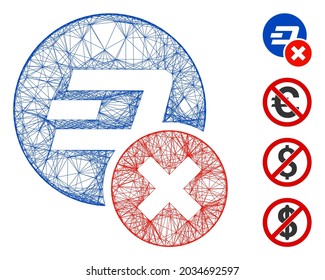 Vector wire frame wrong Dashcoin. Geometric linear frame 2D net generated with wrong Dashcoin icon, designed with intersected lines. Some bonus icons are added.