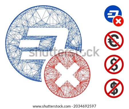 Vector wire frame wrong Dashcoin. Geometric linear frame 2D net generated with wrong Dashcoin icon, designed with intersected lines. Some bonus icons are added.