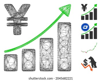 Tendencia de crecimiento del yen del marco de alambre de vectores. Red de estructura geométrica de alambre 2D hecha de un icono de tendencia de crecimiento del yen, diseñado a partir de líneas cruzadas. Se añaden algunos iconos adicionales.