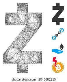 Marco de alambre de vectores Zcash. Red plana de estructura geométrica de alambre basada en el icono de Zcash, diseñada con líneas interseccionadas. Se añaden algunos iconos adicionales.