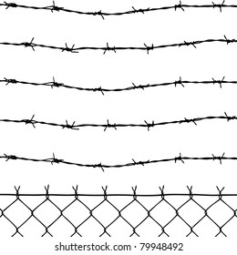 vector of wired fence with five barbed wires on white background