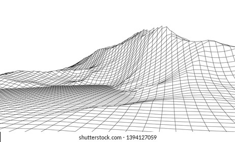 Vector wireframe 3d landscape. Technology grid illustration.