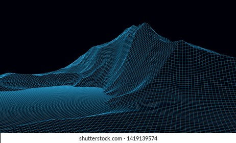 Vector wireframe 3d landscape. Technology grid illustration.