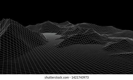 Vector wireframe 3d landscape. Technology grid illustration.