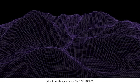 Vector wireframe 3d landscape. Technology grid illustration.