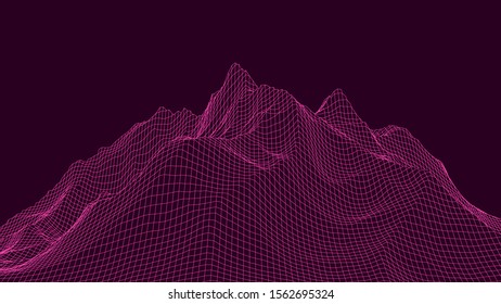 Vector wireframe 3d landscape. Technology grid illustration. Network of connected dots and lines on dark background.