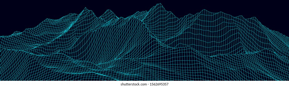 Vector wireframe 3d landscape. Technology grid illustration. Network of connected dots and lines on dark background.