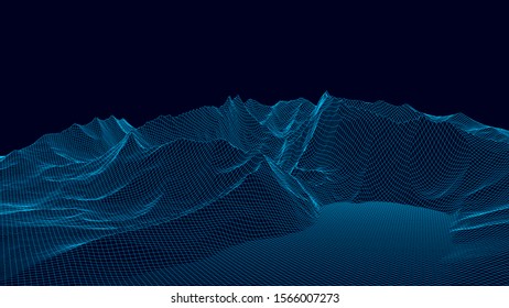 Vector wireframe 3d landscape. Technology grid illustration. Network of connected dots and lines on dark background.