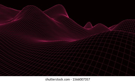 Vector wireframe 3d landscape. Technology grid illustration. Network of connected dots and lines on dark background.