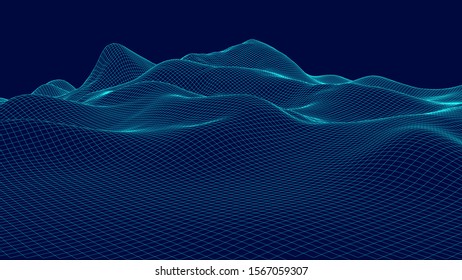 Vector wireframe 3d landscape. Technology grid illustration. Network of connected dots and lines on dark background.