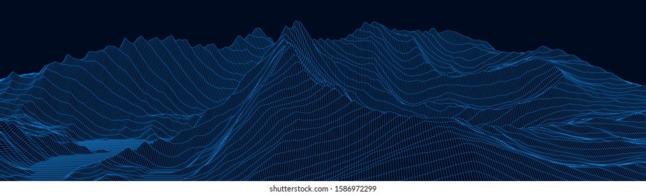 Vector wireframe 3d landscape. Technology grid illustration. Network of connected dots and lines on white background.