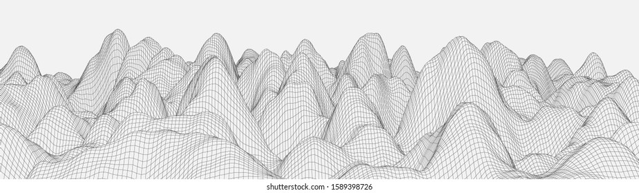 Vector wireframe 3d landscape. Technology grid illustration. Network of connected dots and lines on white background.