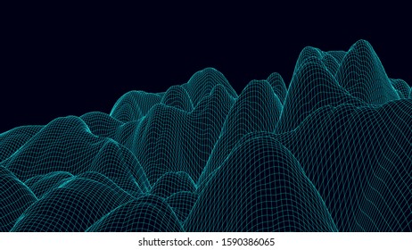 Vector wireframe 3d landscape. Technology grid illustration. Network of connected dots and lines on black background.