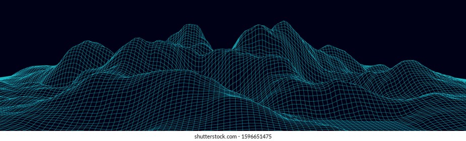 Vector wireframe 3d landscape. Technology grid illustration. Network of connected dots and lines on black background.