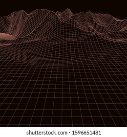 Vector wireframe 3d landscape. Technology grid illustration. Network of connected dots and lines on black background.