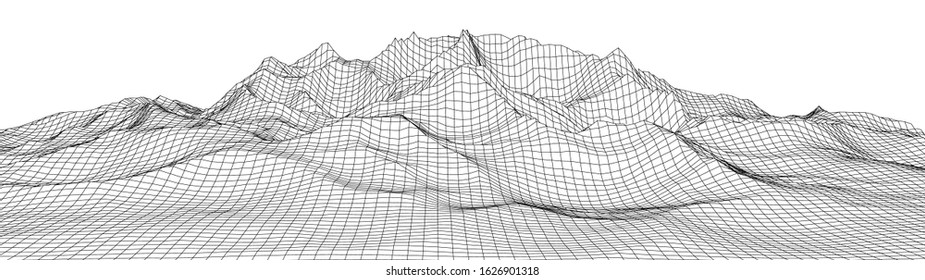 Vector wireframe 3d landscape. Technology grid illustration. Network of connected dots and lines.