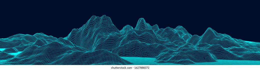 Vector wireframe 3d landscape. Technology grid illustration. Network of connected dots and lines on white background.