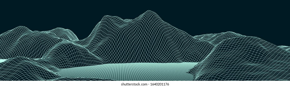 Vector wireframe 3d landscape. Technology grid illustration. Network of connected dots and lines on white background.
