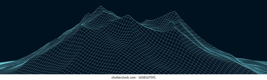 Vector wireframe 3d landscape. Technology grid illustration. Network of connected dots and lines. Futuristic background.