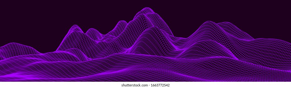 Vector wireframe 3d landscape. Technology grid illustration. Network of connected dots and lines. Futuristic background.