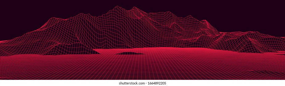 Vector wireframe 3d landscape. Technology grid illustration. Network of connected dots and lines. Futuristic background.