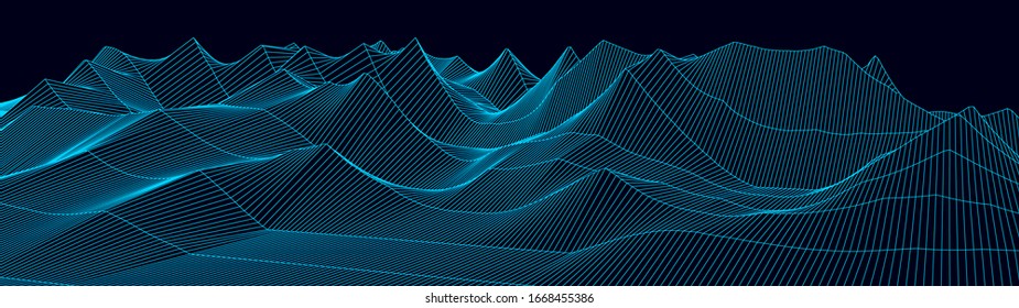 Vector wireframe 3d landscape. Technology grid illustration. Network of connected dots and lines. Futuristic background.