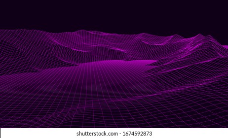 Vector wireframe 3d landscape. Technology grid illustration. Network of connected dots and lines. Futuristic background.
