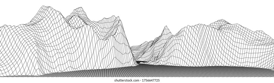 Vector wireframe 3d landscape. Technology grid illustration. Network of connected dots and lines. Futuristic background.