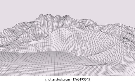 Vector wireframe 3d landscape. Technology grid illustration. Network of connected dots and lines. Futuristic background.