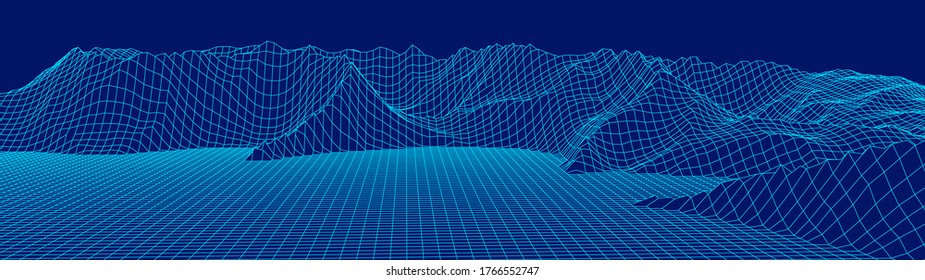 Vector wireframe 3d landscape. Technology grid illustration. Network of connected dots and lines. Futuristic background.