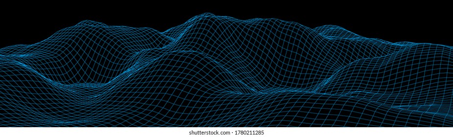 Vector wireframe 3d landscape. Technology grid illustration. Network of connected dots and lines. Futuristic background.