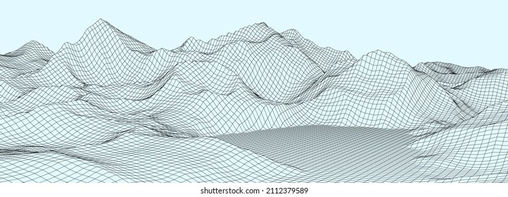 Vector wireframe 3d landscape. Technology grid illustration. Network of connected dots and lines. Futuristic background.