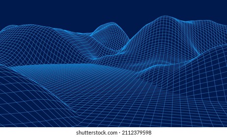 Vector wireframe 3d landscape. Technology grid illustration. Network of connected dots and lines. Futuristic background.