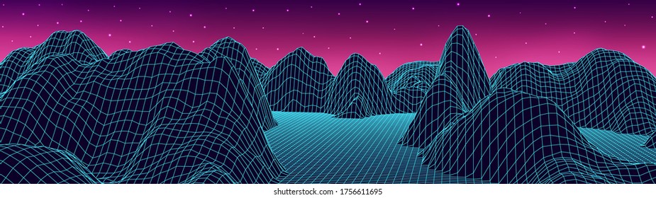 Vector wireframe 3d retro landscape. Technology grid illustration. Network of connected dots and lines on dark background.