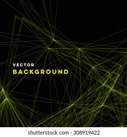Vector wireframe abstract background, irregular lime green linear web on black